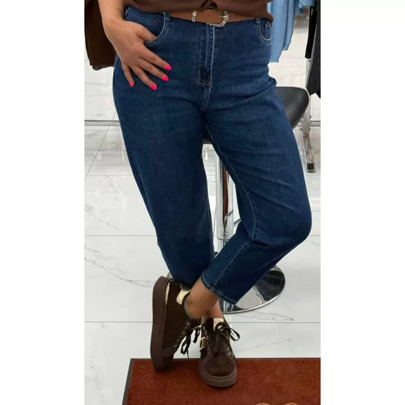 Plus size high waist dark blue women's balloon fit jeans with brown belt "MK281" - 3XL