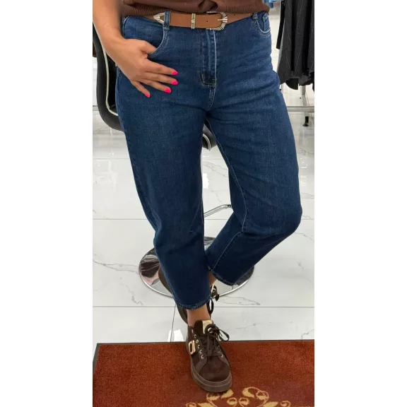 Plus size high waist dark blue women's balloon fit jeans with brown belt "MK281" - 3XL
