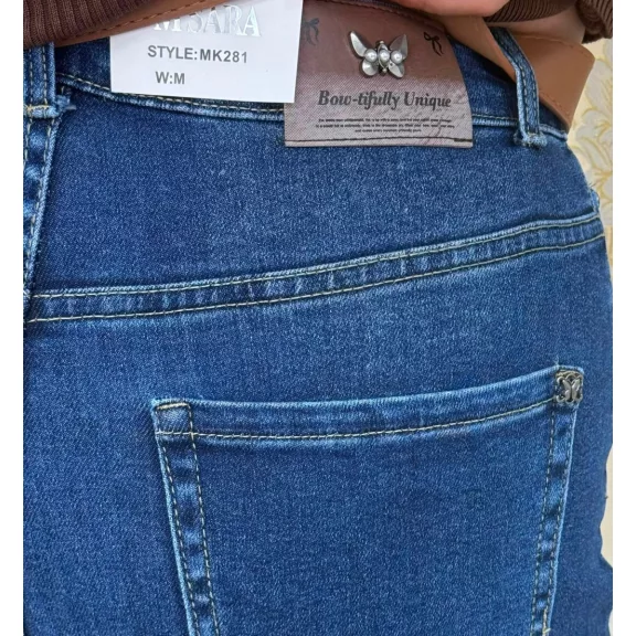 Plus size high waist dark blue women's balloon fit jeans with brown belt "MK281" - 3XL