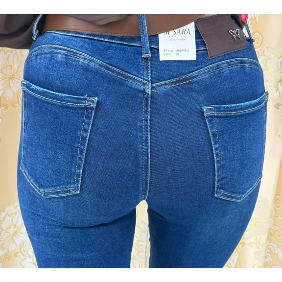 Plus Size High Waist Dark Blue Women's Skinny Jeans with Brown Silk Shawl Belt "MS5969-2" - 29