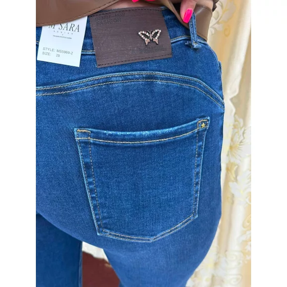 Plus Size High Waist Dark Blue Women's Skinny Jeans with Brown Silk Shawl Belt "MS5969-2" - 29