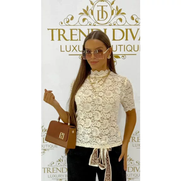 Elegant lace blouse with turtleneck "M13288" - Beige