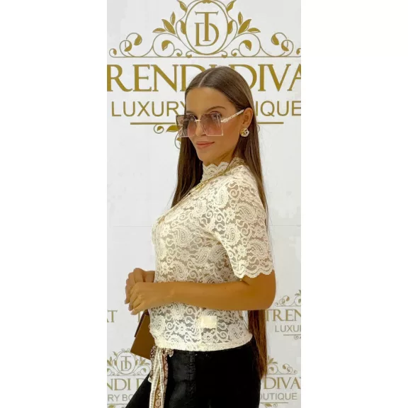 Elegant lace blouse with turtleneck "M13288" - Beige
