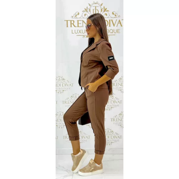 Two-piece set with billet blazer and hem-stitched trousers - Mocha Brown