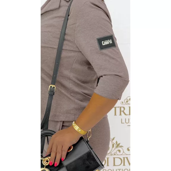 Two-piece set with billet blazer and hem-stitched trousers - Mid Brown