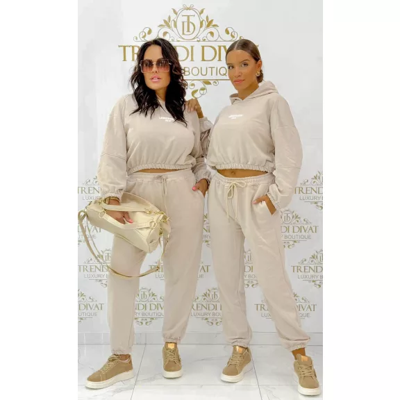 "Lemonada ateiler" printed crop hooded sweatshirt and sweatpants combination - Beige "Lemonada ateiler" printed crop hooded sweatshirt and sweatpants combination - Beige