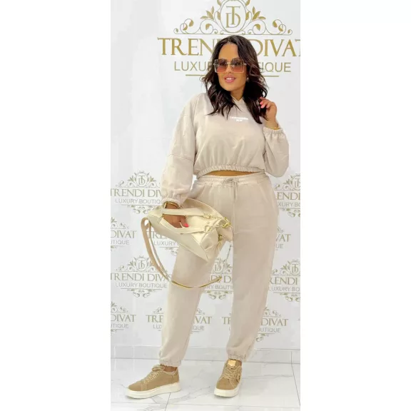 "Lemonada ateiler" printed crop hooded sweatshirt and sweatpants combination - Beige "Lemonada ateiler" printed crop hooded sweatshirt and sweatpants combination - Beige