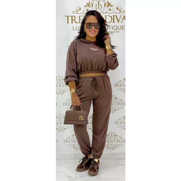 "Lemonada ateiler" printed crop hooded sweatshirt and sweatpants combination - Chocolate
