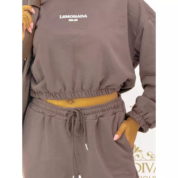 "Lemonada ateiler" printed crop hooded sweatshirt and sweatpants combination - Chocolate