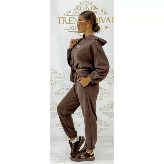 "Lemonada ateiler" printed crop hooded sweatshirt and sweatpants combination - Chocolate
