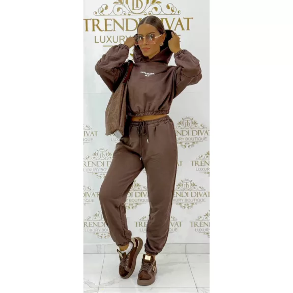 "Lemonada ateiler" printed crop hooded sweatshirt and sweatpants combination - Chocolate