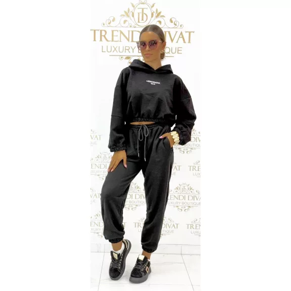 "Lemonada ateiler" printed crop hooded sweatshirt and sweatpants combination - Black "Lemonada ateiler" printed crop hooded sweatshirt and sweatpants combination - Black