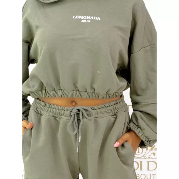 "Lemonada ateiler" printed crop hooded sweatshirt and sweatpants combination - Khaki