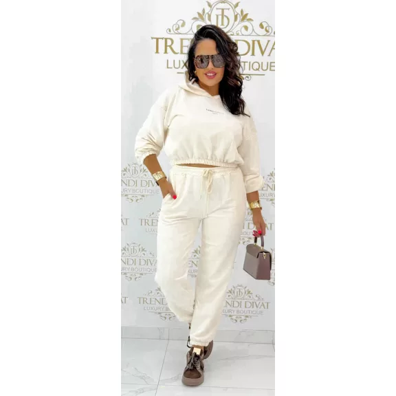 "Lemonada ateiler" printed crop hooded sweatshirt and sweatpants combination - Cream