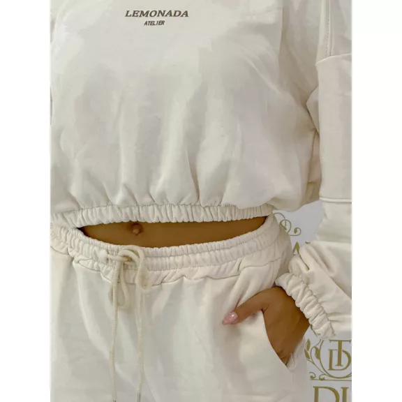 "Lemonada ateiler" printed crop hooded sweatshirt and sweatpants combination - Cream