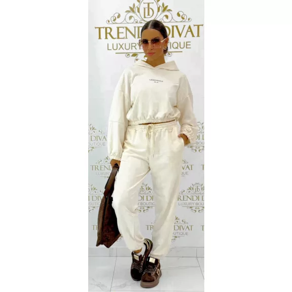 "Lemonada ateiler" printed crop hooded sweatshirt and sweatpants combination - Cream