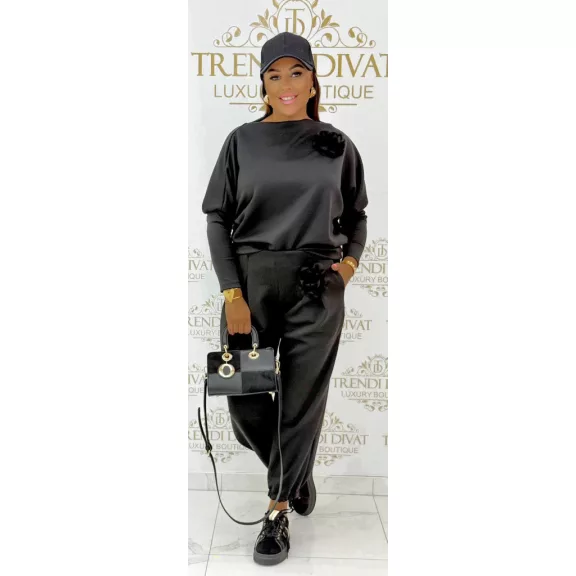 Two-piece casual ensemble with 3D removable floral decoration - Black