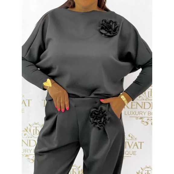 Two-piece casual ensemble with 3D removable floral decoration - Black