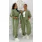 Women's leisure ensemble with side stripes - Zip-up 3/4-sleeve top + pants set - Khaki