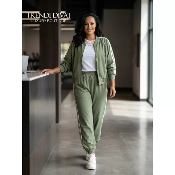 Women's leisure ensemble with side stripes - Zip-up 3/4-sleeve top + pants set - Mid Brown