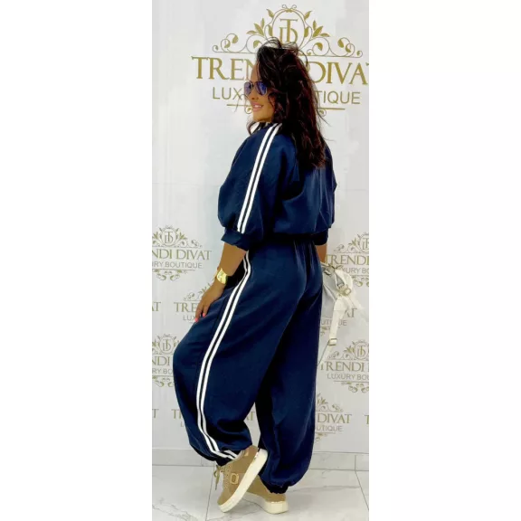 Women's leisure ensemble with side stripes - Zip-up 3/4-sleeve top + pants set - Dark Blue