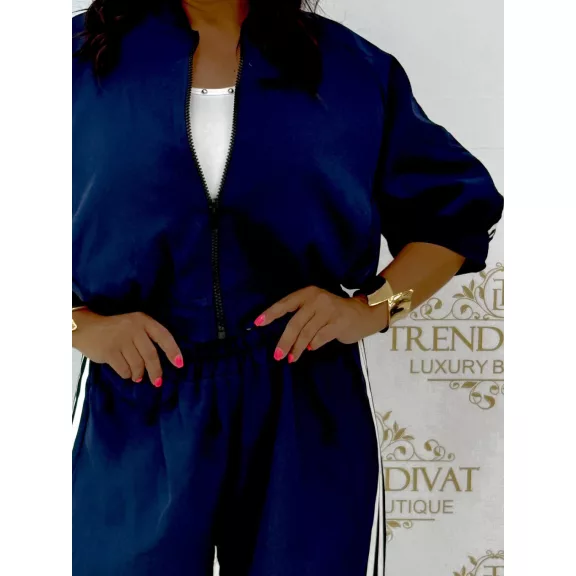Women's leisure ensemble with side stripes - Zip-up 3/4-sleeve top + pants set - Dark Blue