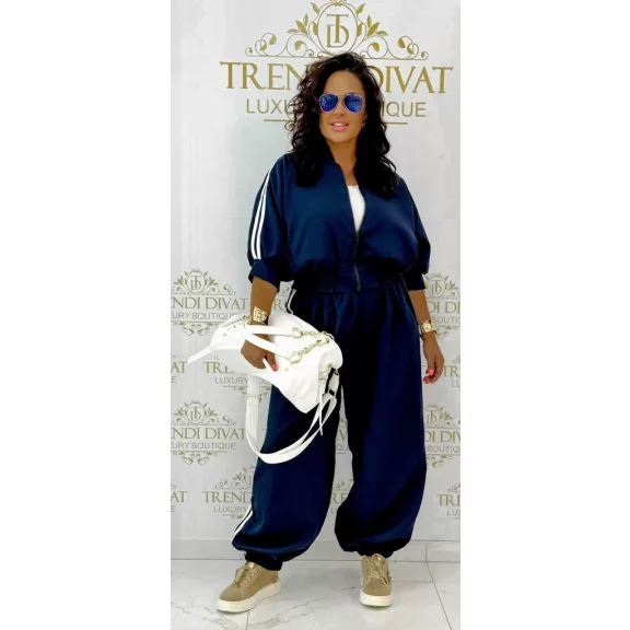 Women's leisure ensemble with side stripes - Zip-up 3/4-sleeve top + pants set - Dark Blue