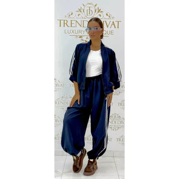 Women's leisure ensemble with side stripes - Zip-up 3/4-sleeve top + pants set - Dark Blue