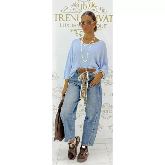 V-neck, bat sleeve, soft fit women's knitted top - Baby Blue