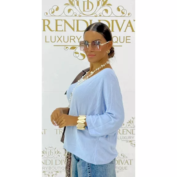V-neck, bat sleeve, soft fit women's knitted top - Baby Blue