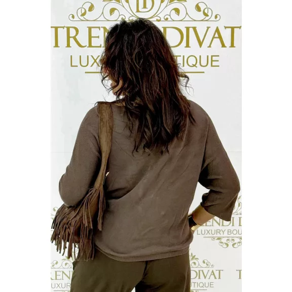 V-neck, bat sleeve, soft fit women's knitted top - Khaki