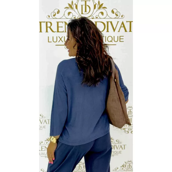 V-neck, bat sleeve, soft fit women's knitted top - Dark Blue