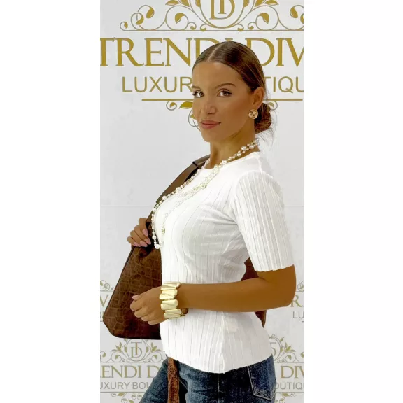 Women's top with round neck, rib knit short sleeves "16083" - White