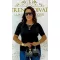 Women's top with round neck, rib knit short sleeves "16083" - Black