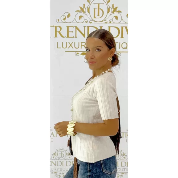 Women's top with round neck, rib knit short sleeves "16083" - Khaki