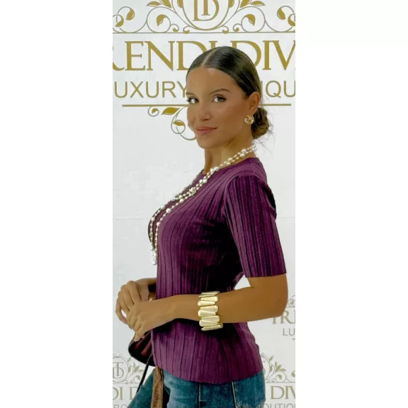 Women's top with round neck, rib knit short sleeves "16083" - Mid Brown