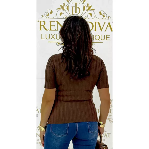 Women's top with round neck, rib knit short sleeves "16083" - Dark Brown