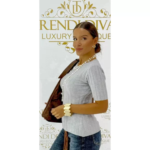 Women's top with round neck, rib knit short sleeves "16083" - Light Grey