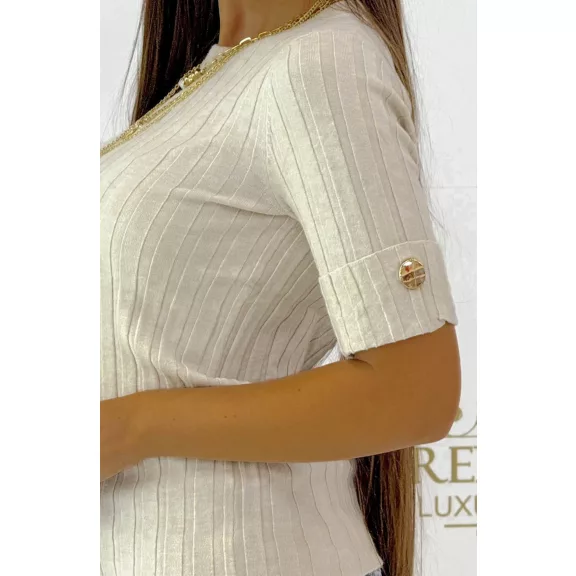 Women's top with round neck, rib knit, golden buttons on sleeves "V0015" - Beige