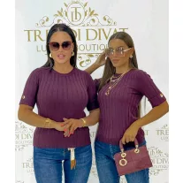   Women's top with round neck, rib knit, golden buttons on sleeves "V0015" - Burgundi
