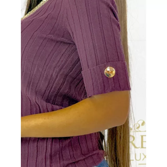 Women's top with round neck, rib knit, golden buttons on sleeves "V0015" - Burgundi