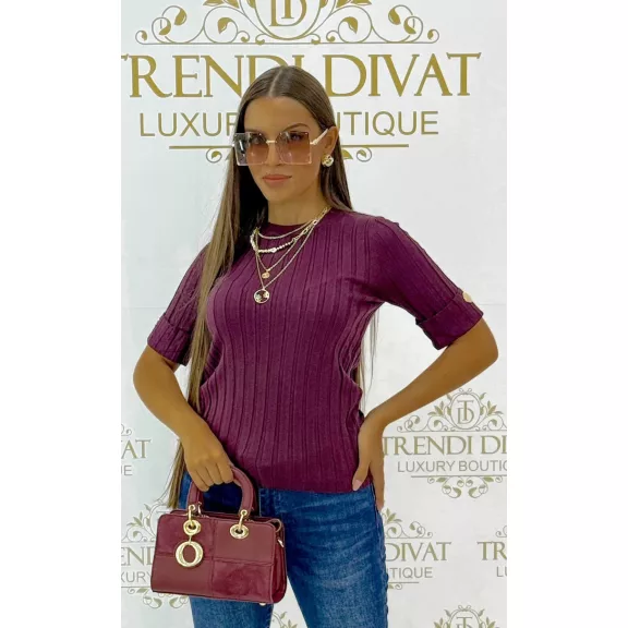 Women's top with round neck, rib knit, golden buttons on sleeves "V0015" - Burgundi
