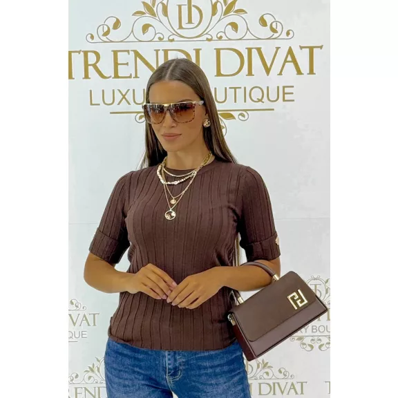 Women's top with round neck, rib knit, golden buttons on sleeves "V0015" - Chocolate