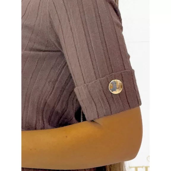 Women's top with round neck, rib knit, golden buttons on sleeves "V0015" - Chocolate