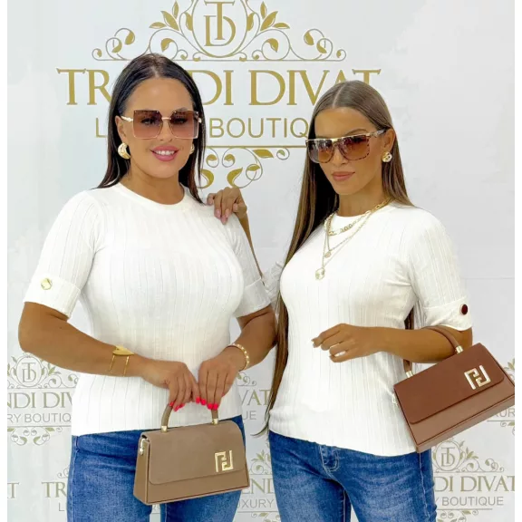 Women's top with round neck, rib knit, golden buttons on sleeves "V0015" - White