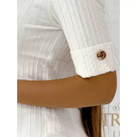 Women's top with round neck, rib knit, golden buttons on sleeves "V0015" - White