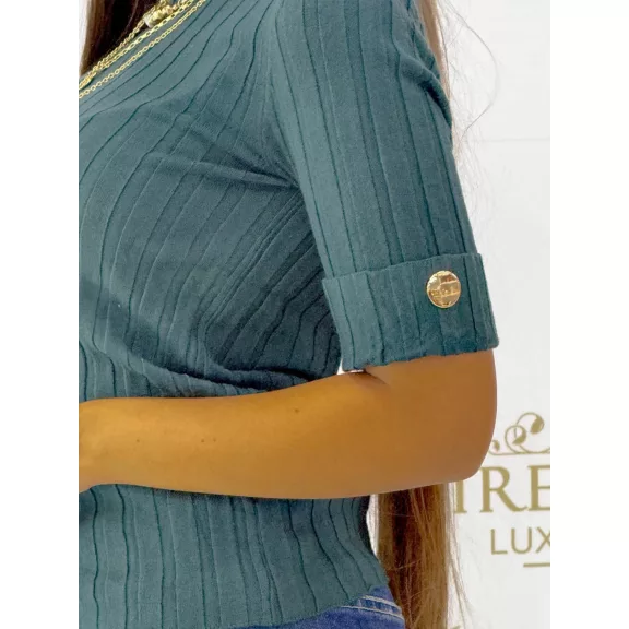 Women's top with round neck, rib knit, golden buttons on sleeves "V0015" - Mid Brown