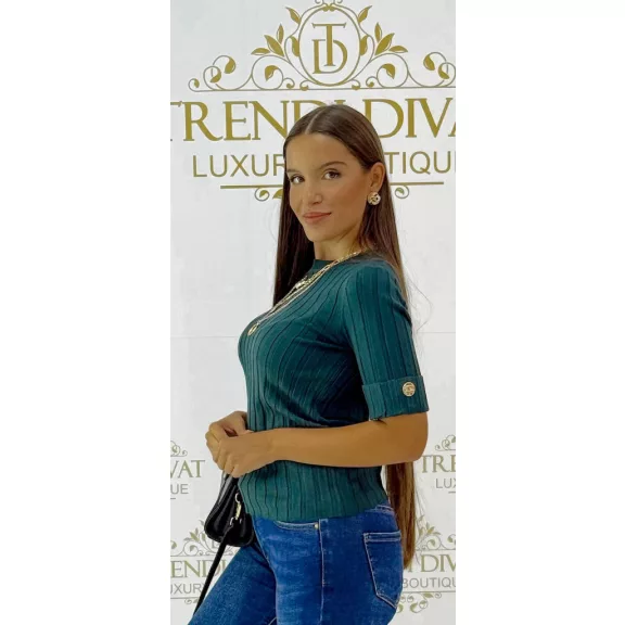 Women's top with round neck, rib knit, golden buttons on sleeves "V0015" - Mid Brown