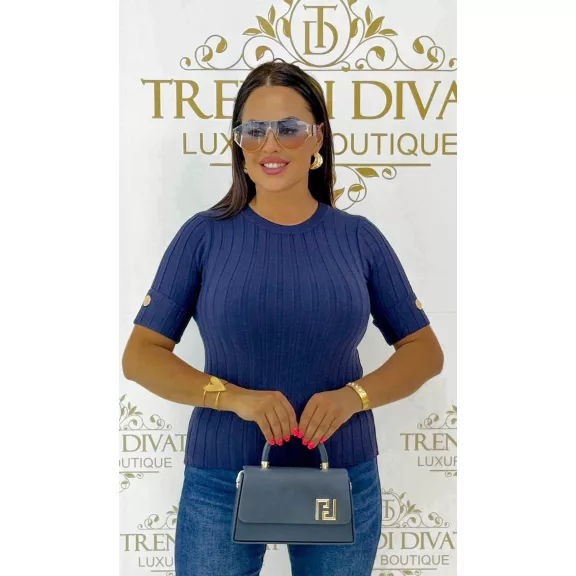Women's top with round neck, rib knit, golden buttons on sleeves "V0015" - Dark Blue