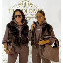   Stand-up collar, shortened, zippered faux fur women's vest "25189" - Chocolate / L